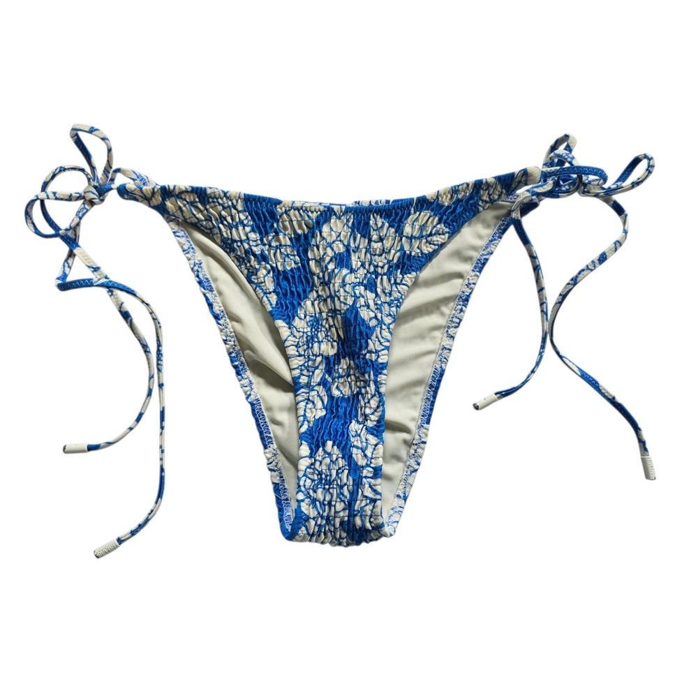 Triangl Bikini Bottom‎ Womens MED Blue Floral Stretch Tie Sides EUC Swim Bathing